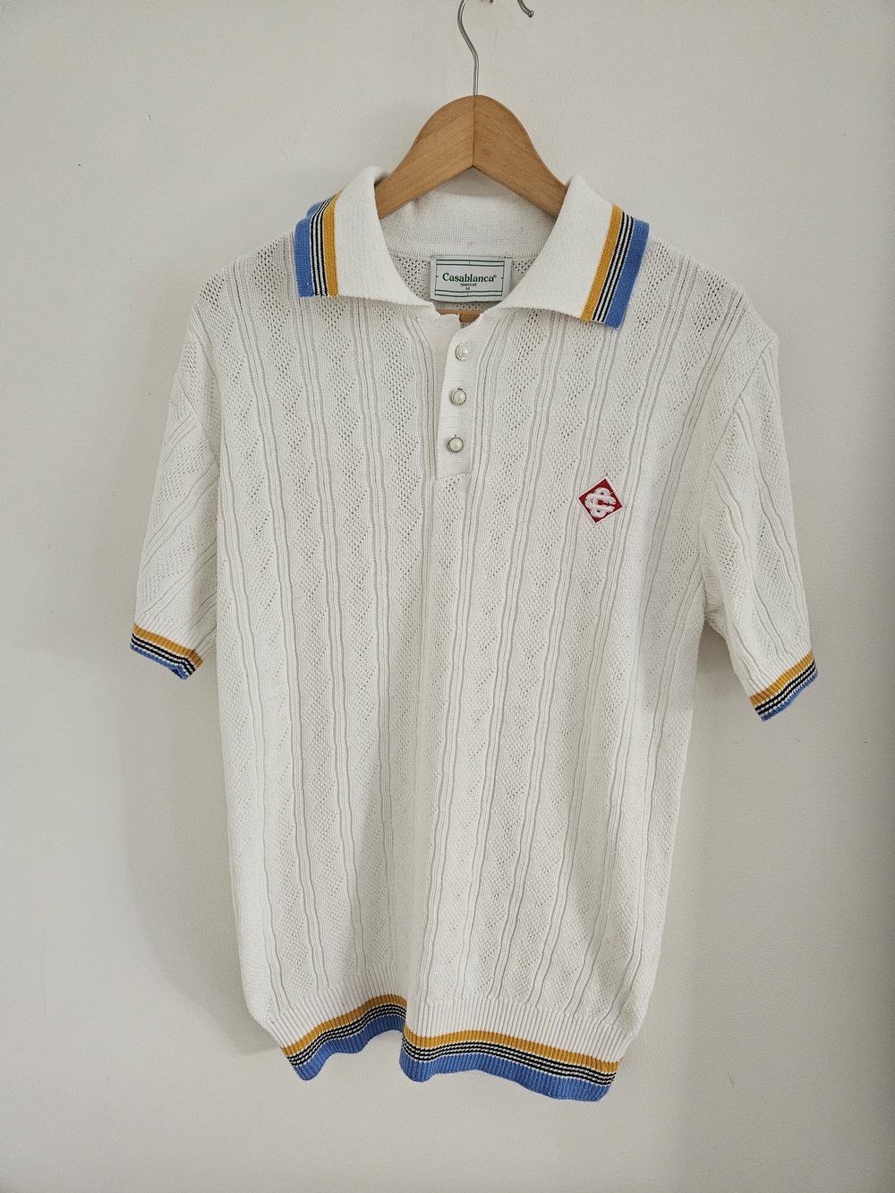 Casablanca Paris Tennis Club Open Knit Polo Shirt White Striped Medium
